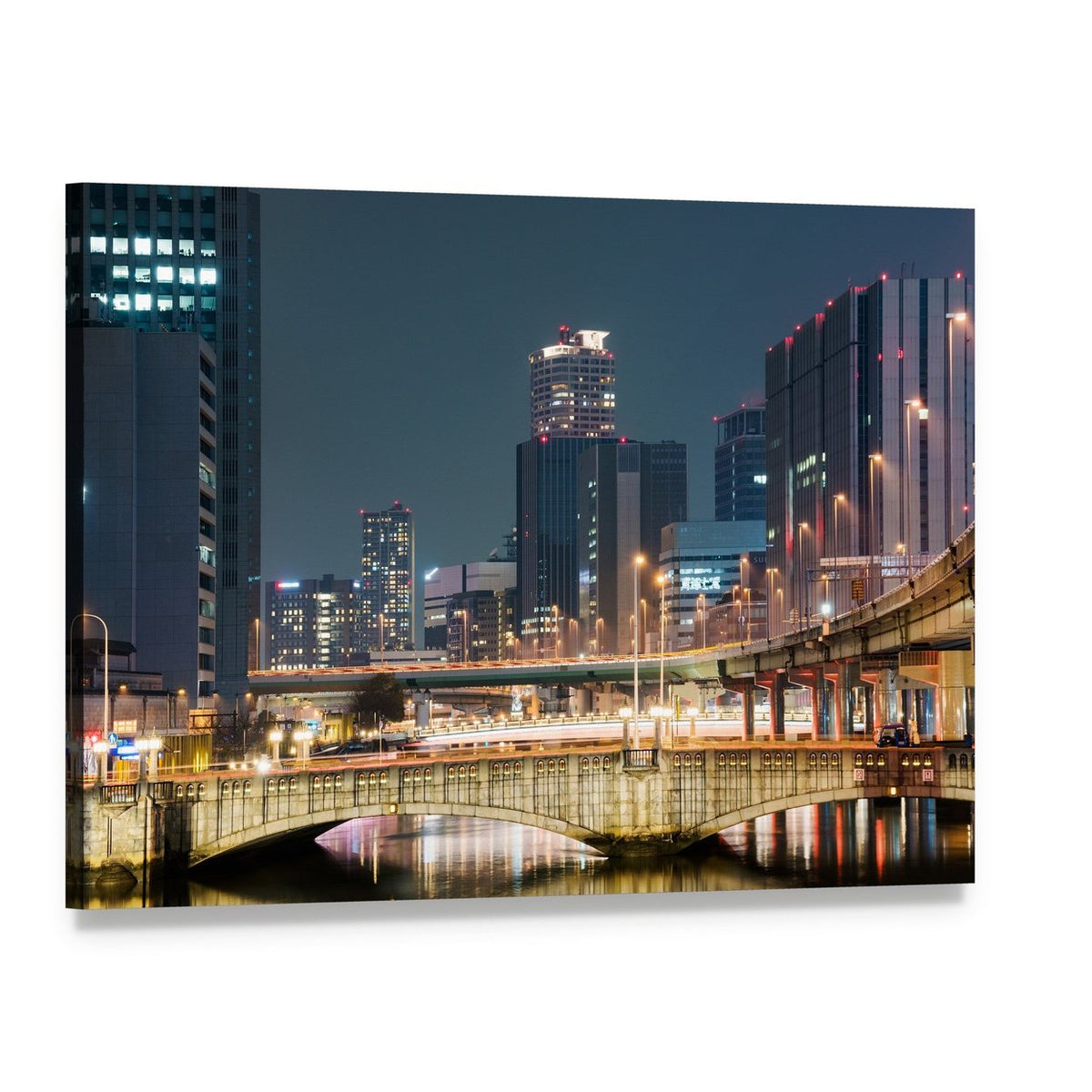 Vibrant Night Skyline of Osaka Canvas Wall Art, single panel gallery wrapped canvas, angled product view