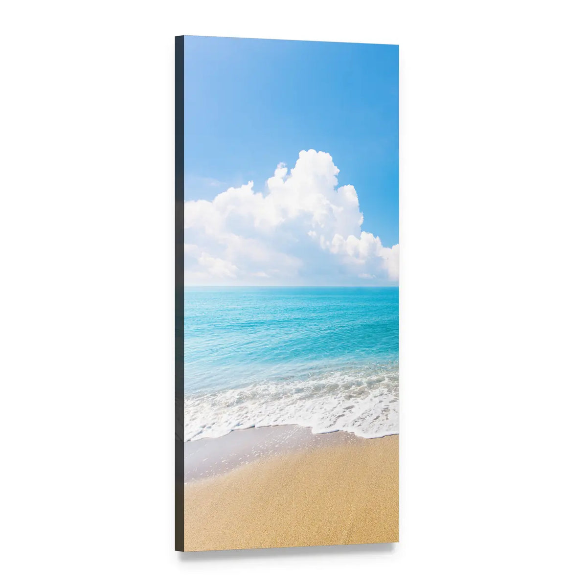 Tropical Sea and Sandy Beach Vertical Canvas Wall Art, 1 panel 1 Vertical layout gallery wrapped canvas set, angled product view