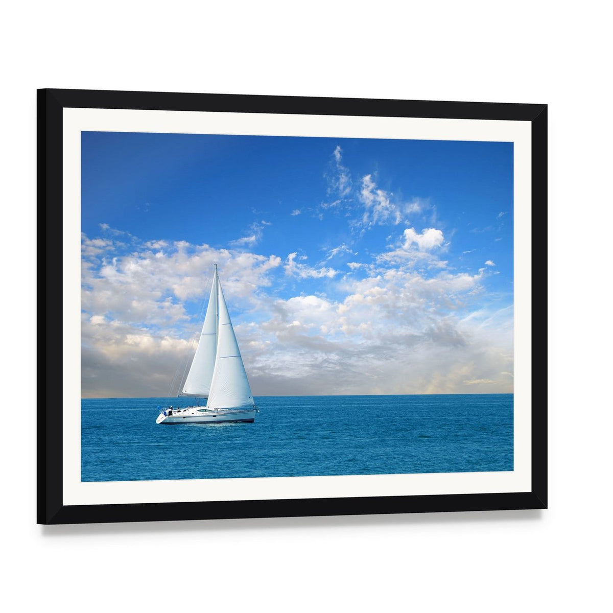 Modern Sail Boat Canvas Wall Art, framed print with white mat and black frame, angled product view