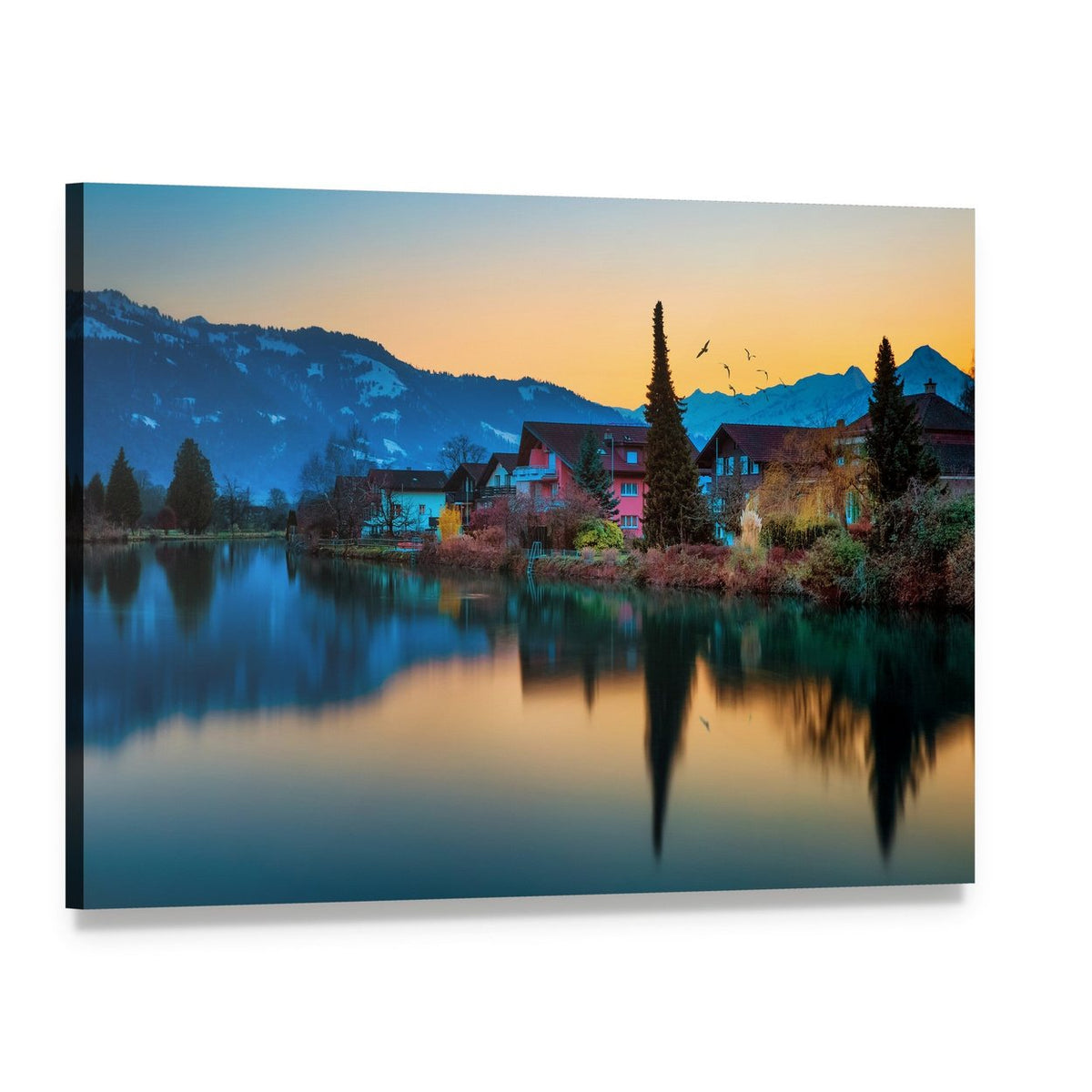 House by Mountain River and Lake Canvas Wall Art, single panel gallery wrapped canvas, angled product view