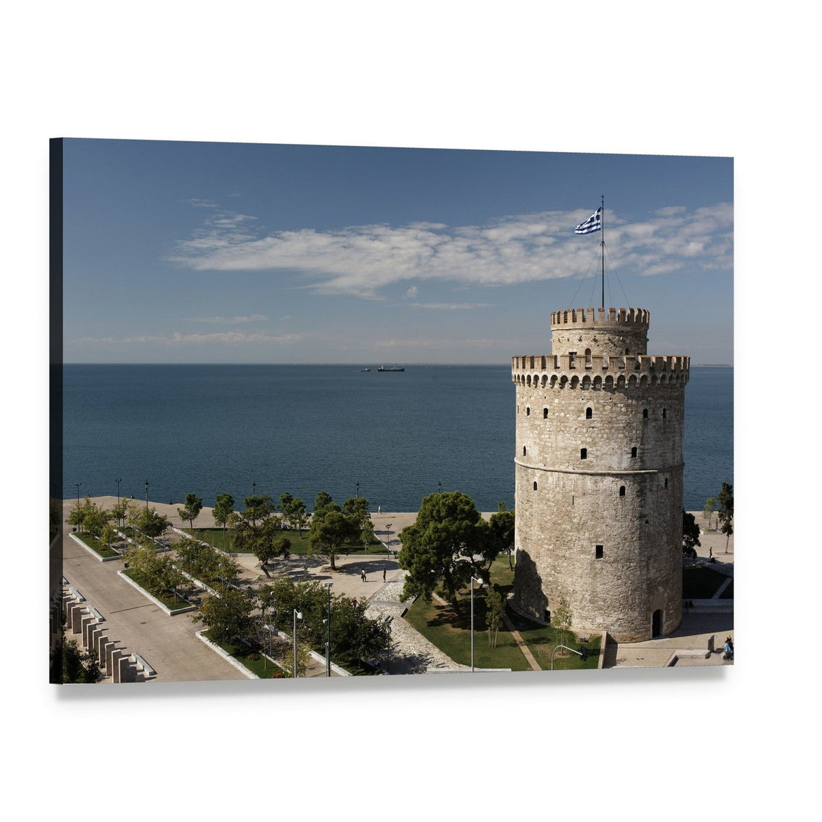 White Tower at Thessaloniki Seaside Canvas Wall Art, single panel gallery wrapped canvas, angled product view