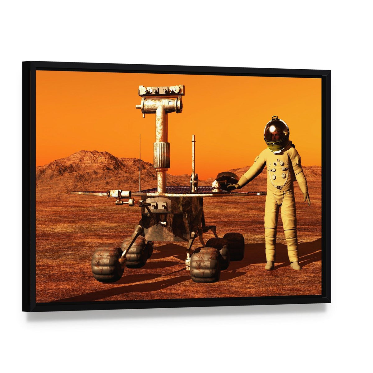 Astronaut and Mars Rover Canvas Wall Art, framed canvas in a black floater frame, angled product view