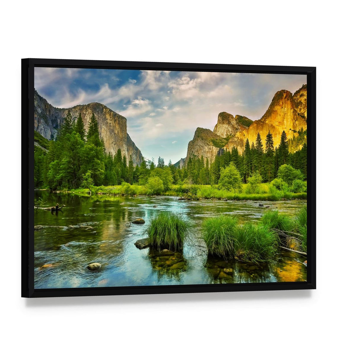 Yosemite Stream Flowing Through Rocky Landscape Canvas Wall Art, framed canvas in a black floater frame, angled product view