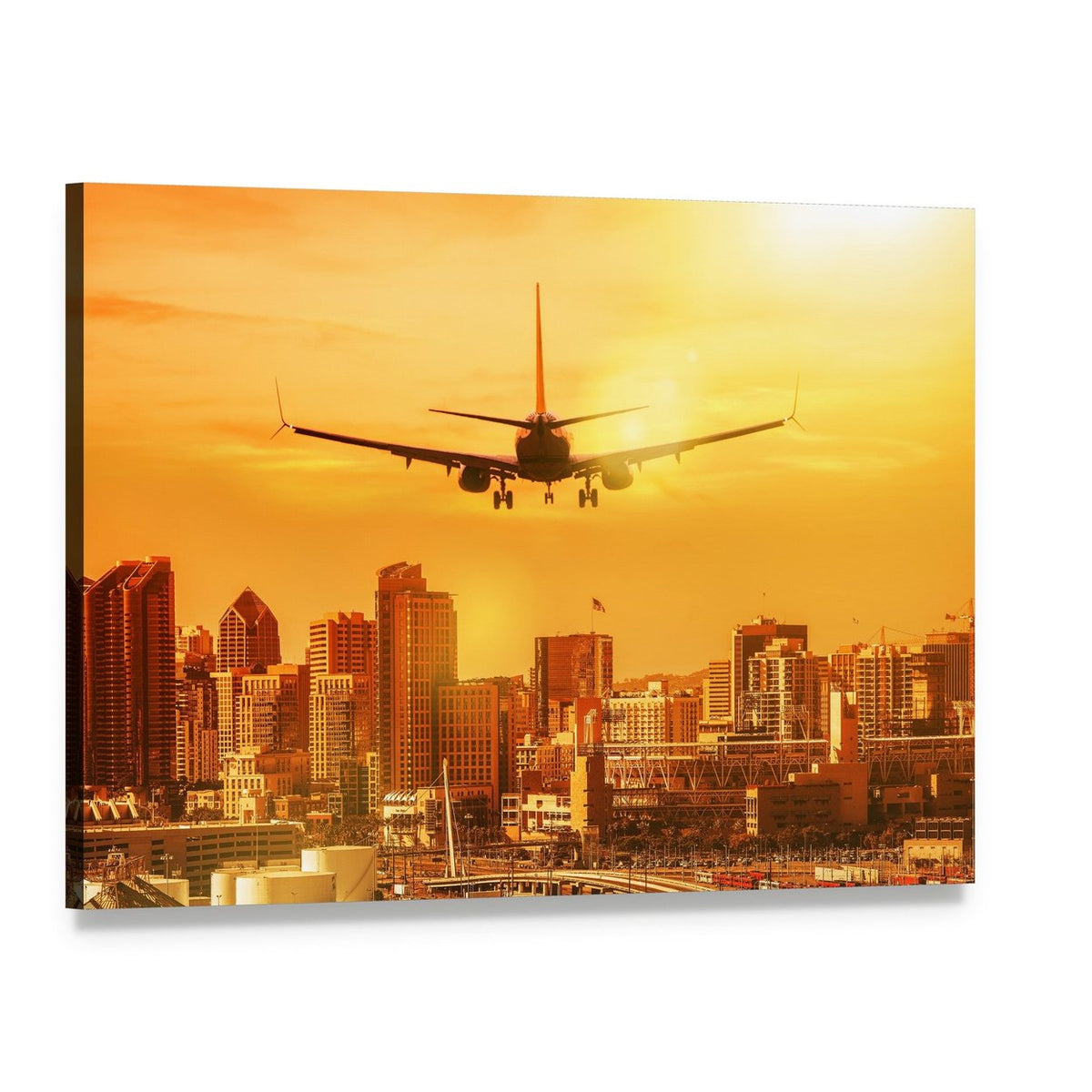 Airplane Flying Towards City Skyline Canvas Wall Art, single panel gallery wrapped canvas, angled product view