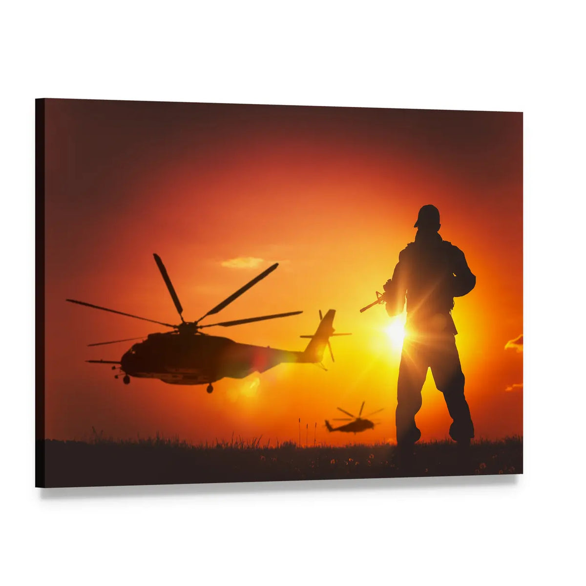 Soldier Silhouette at Sunset Canvas Wall Art, single panel gallery wrapped canvas, angled product view