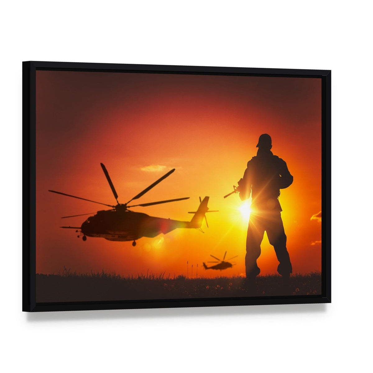 Military Mission at Sunset Canvas Wall Art, framed canvas in a black floater frame, angled product view