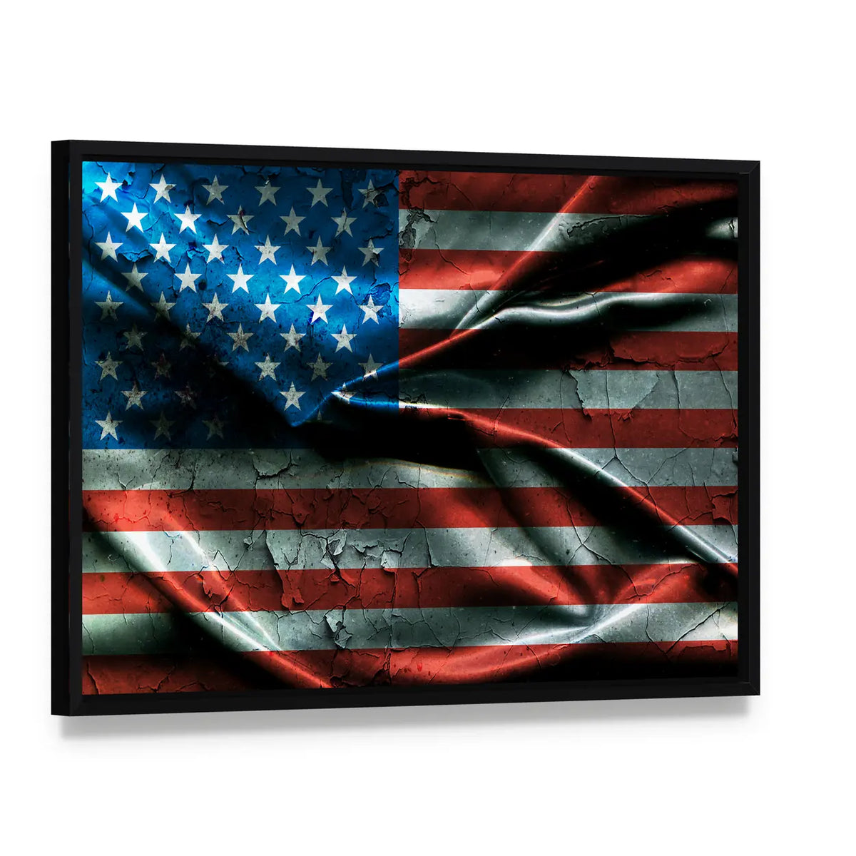 Vintage American Flag Canvas Wall Art, framed canvas in a black floater frame, angled product view