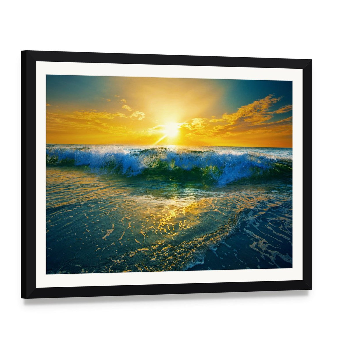 Ocean Waves at Sunrise Canvas Wall Art, framed print with white mat and black frame, angled product view