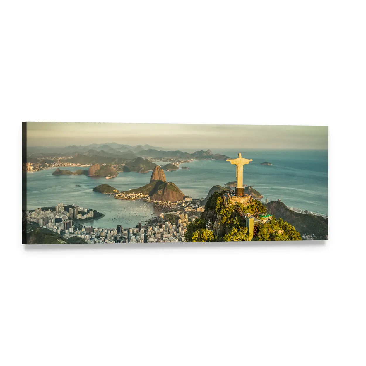 Christ the Redeemer Over Botafogo Bay Panoramic Canvas Wall Art, single panel gallery wrapped canvas, angled product view