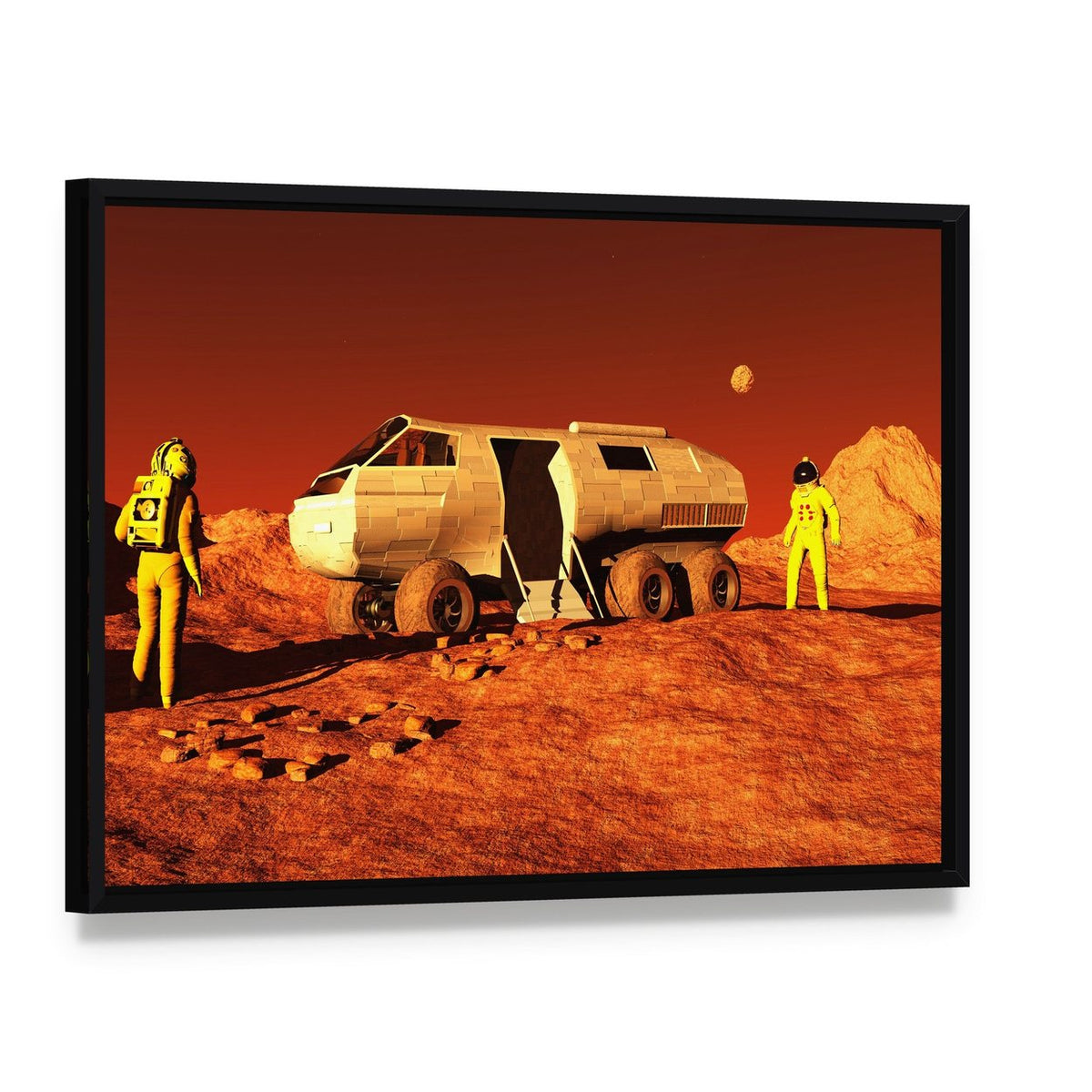 Astronauts and Mars Rover Canvas Wall Art, framed canvas in a black floater frame, angled product view
