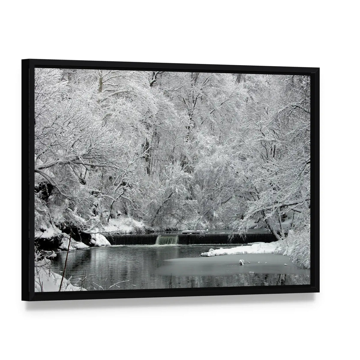 Snow Covered Fairmount Park In Philadelphia Canvas Wall Art, framed canvas in a black floater frame, angled product view