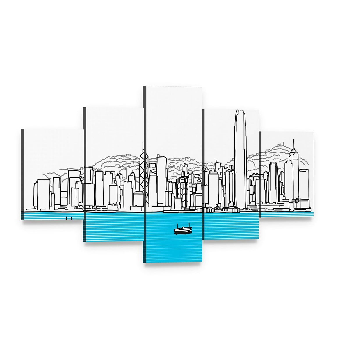 Stylized City Skyline Over Blue Water Canvas Wall Art, 5 panel 5 Star layout gallery wrapped canvas set, angled product view