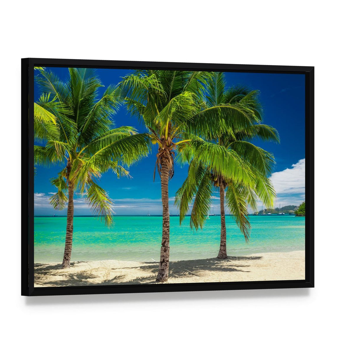 Palm Trees Over Turquoise Lagoon in Fiji Canvas Wall Art, framed canvas in a black floater frame, angled product view