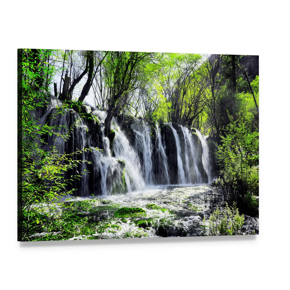 Waterfall Among Lush Green Woods Canvas Wall Art, single panel gallery wrapped canvas, angled product view