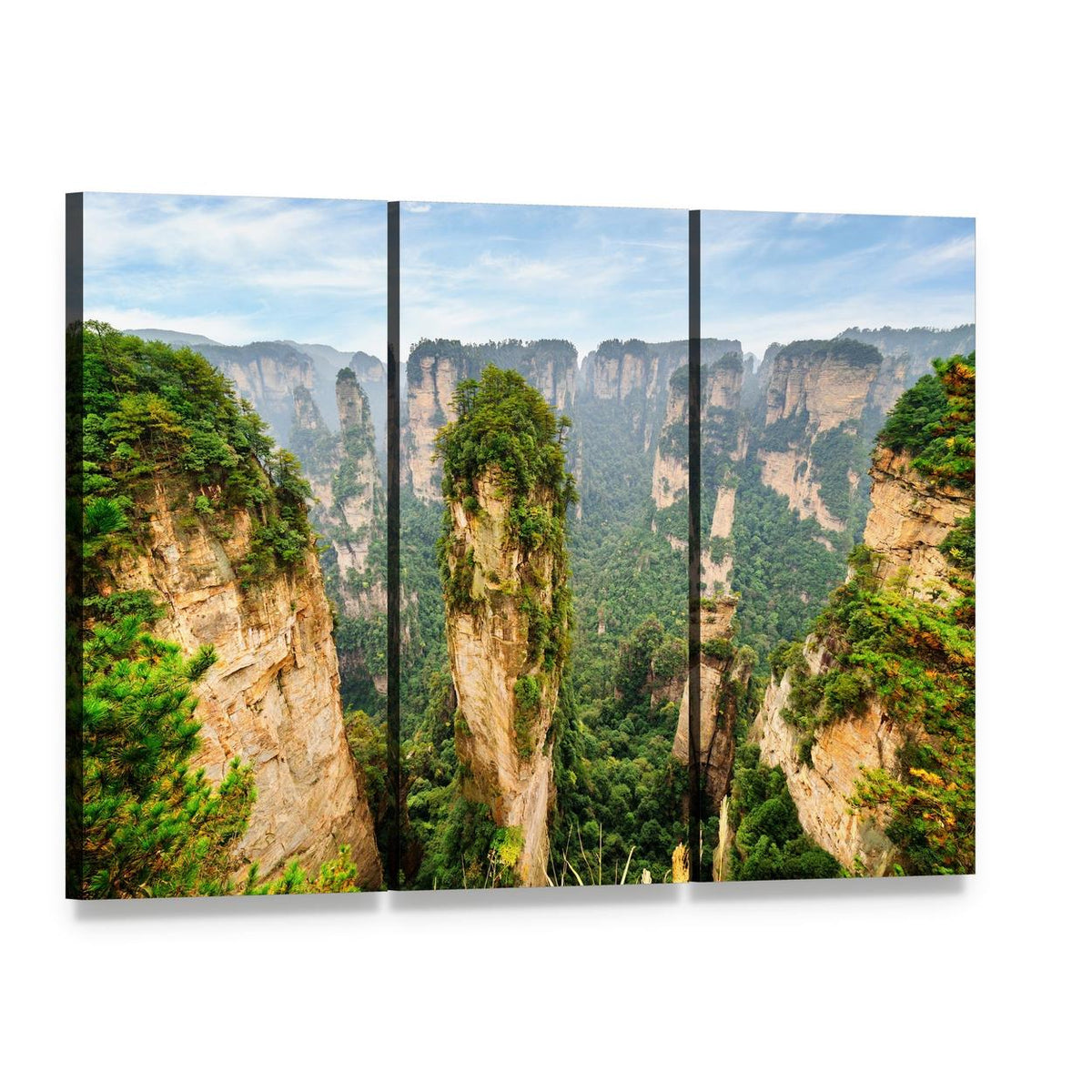 Hallelujah Mountain Amidst Lush Green Woods Canvas Wall Art, 3 panel 3 Horizontal layout gallery wrapped canvas set, angled product view