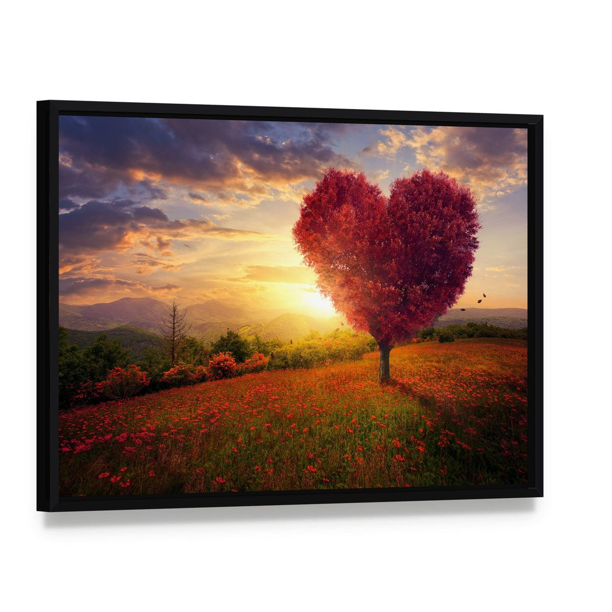 Red Heart Shaped Tree at Sunset Canvas Wall Art, framed canvas in a black floater frame, angled product view