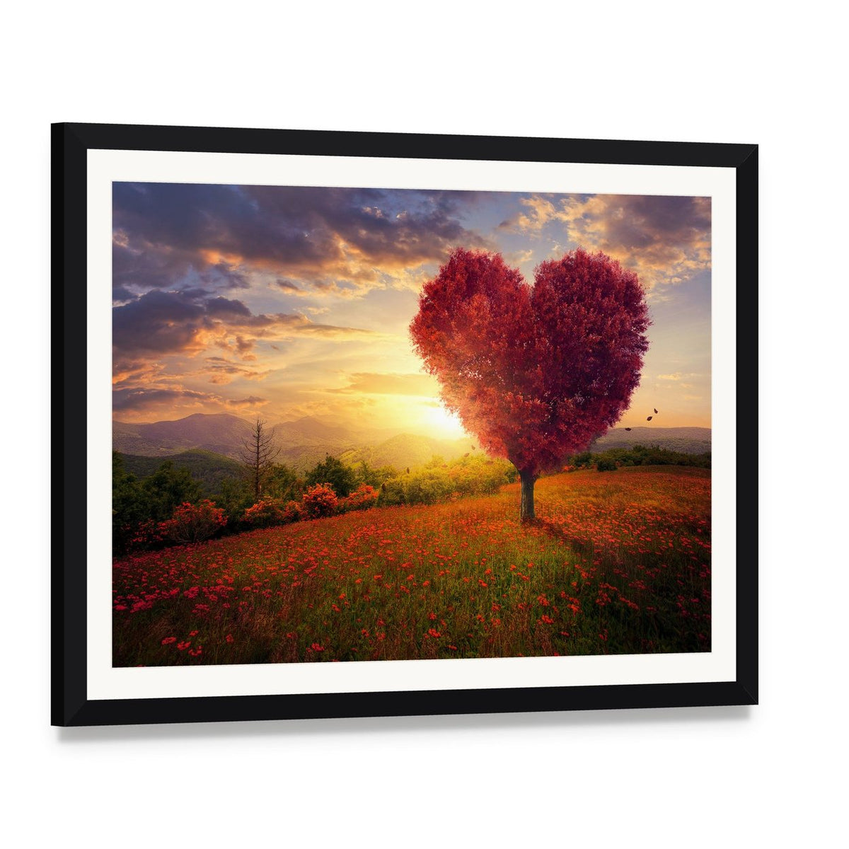 Red Heart Shaped Tree at Sunset Canvas Wall Art, framed print with white mat and black frame, angled product view