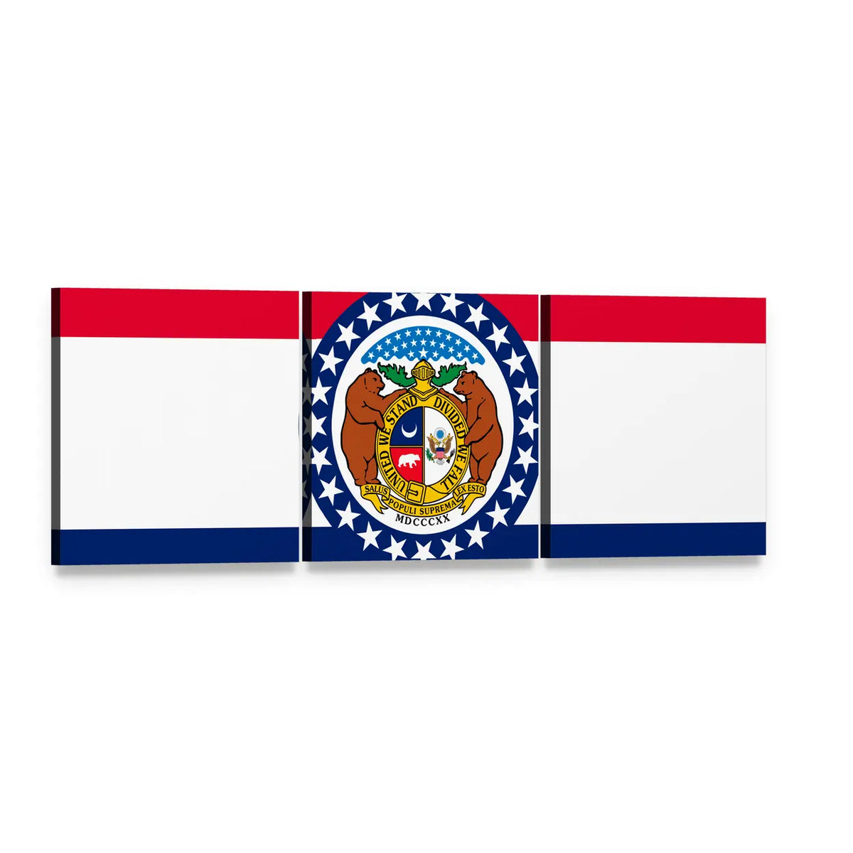 Missouri State Flag with Grizzly Bears Panoramic Canvas Wall Art, 3 panel 3 Piece layout gallery wrapped canvas set, angled product view