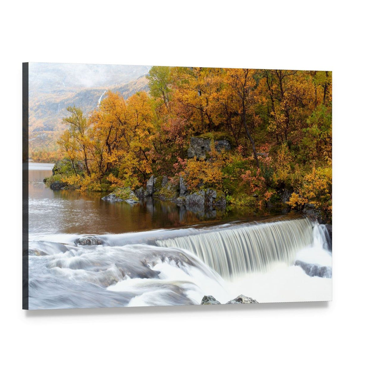 Autumn Waterfall in the Woods Canvas Wall Art, single panel gallery wrapped canvas, angled product view