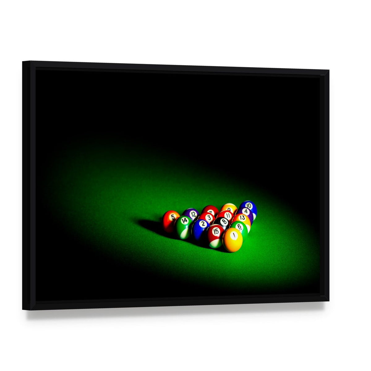 Billiard Balls Under Light Canvas Wall Art, framed canvas in a black floater frame, angled product view