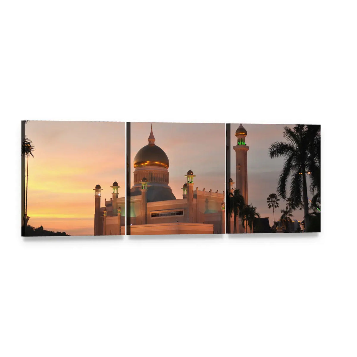 Sultan Omar Ali Saifuddin Mosque, Brunei Panoramic Canvas Wall Art, 3 panel 3 Piece layout gallery wrapped canvas set, angled product view