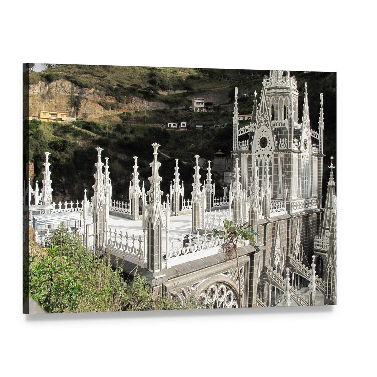 Las Lajas Church Gothic Architecture Canvas Wall Art, single panel gallery wrapped canvas, angled product view