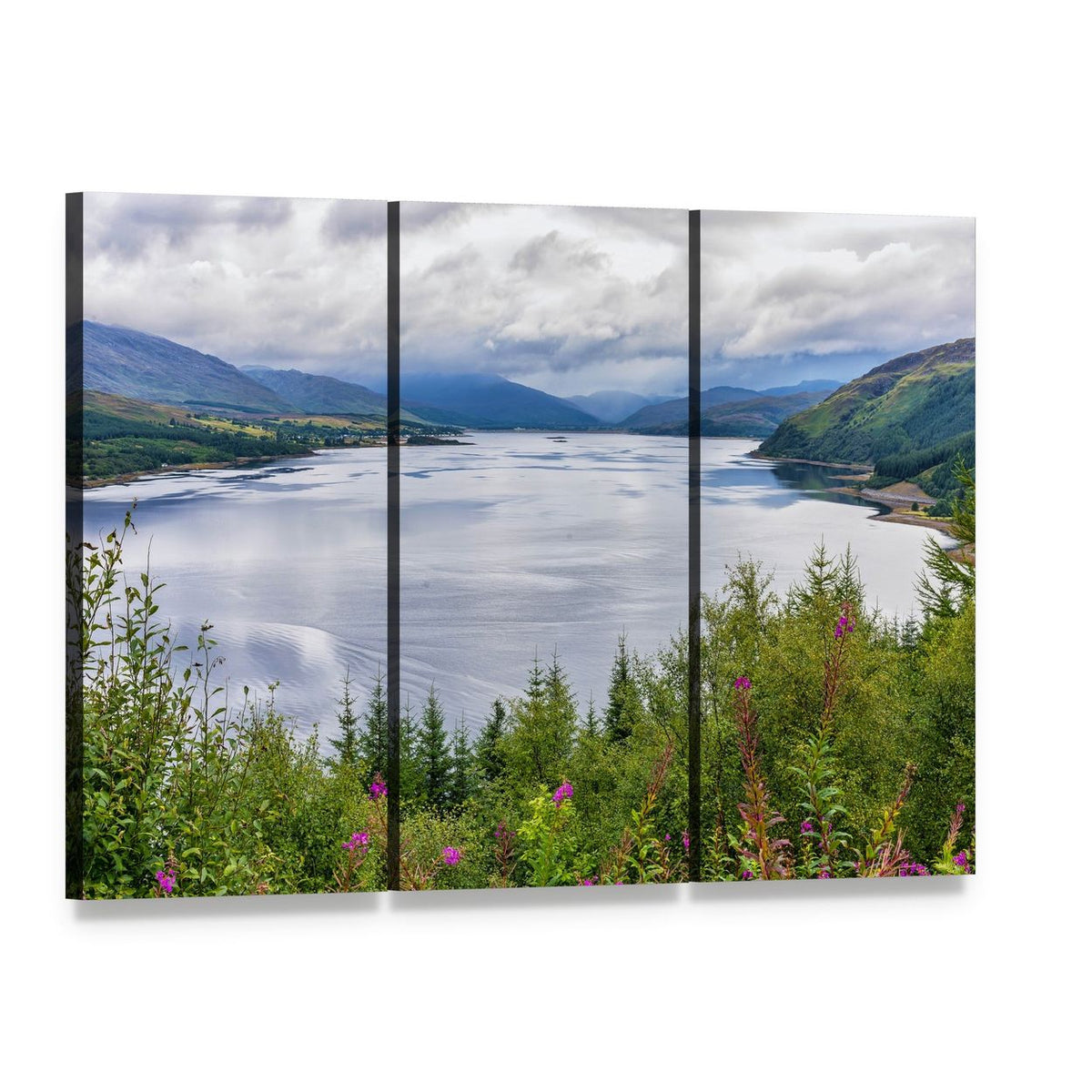 Loch Carron View Canvas Wall Art, 3 panel 3 Horizontal layout gallery wrapped canvas set, angled product view
