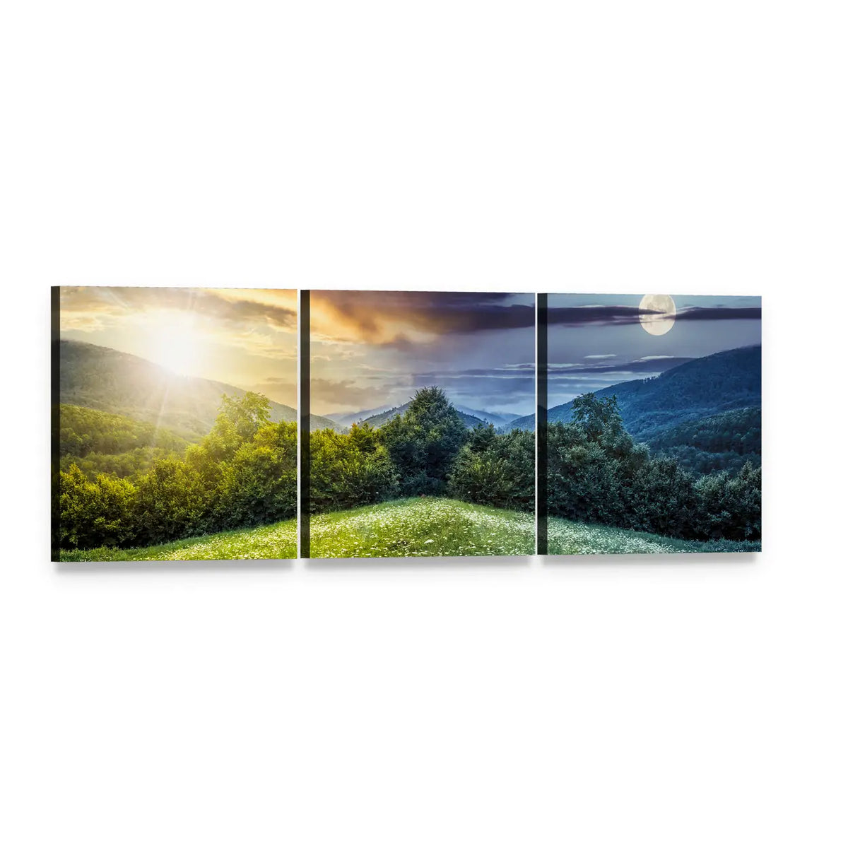 Sun and Moon Over Rolling Hills Panoramic Canvas Wall Art, 3 panel 3 Piece layout gallery wrapped canvas set, angled product view