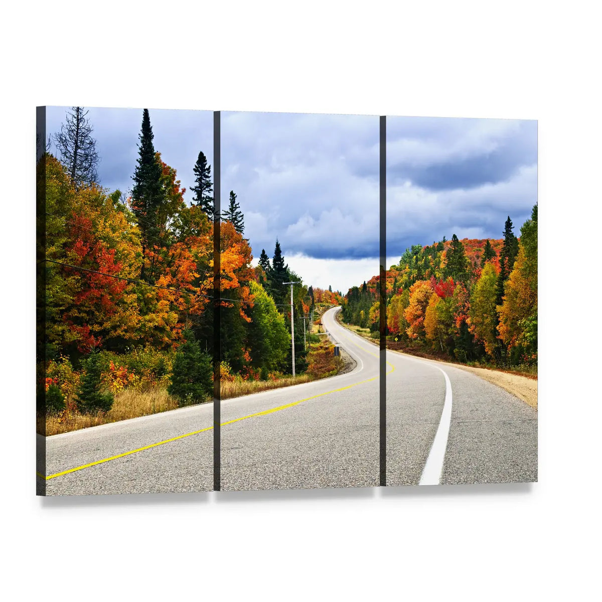 Winding Fall Road Through Autumn Trees Canvas Wall Art, 3 panel 3 Horizontal layout gallery wrapped canvas set, angled product view