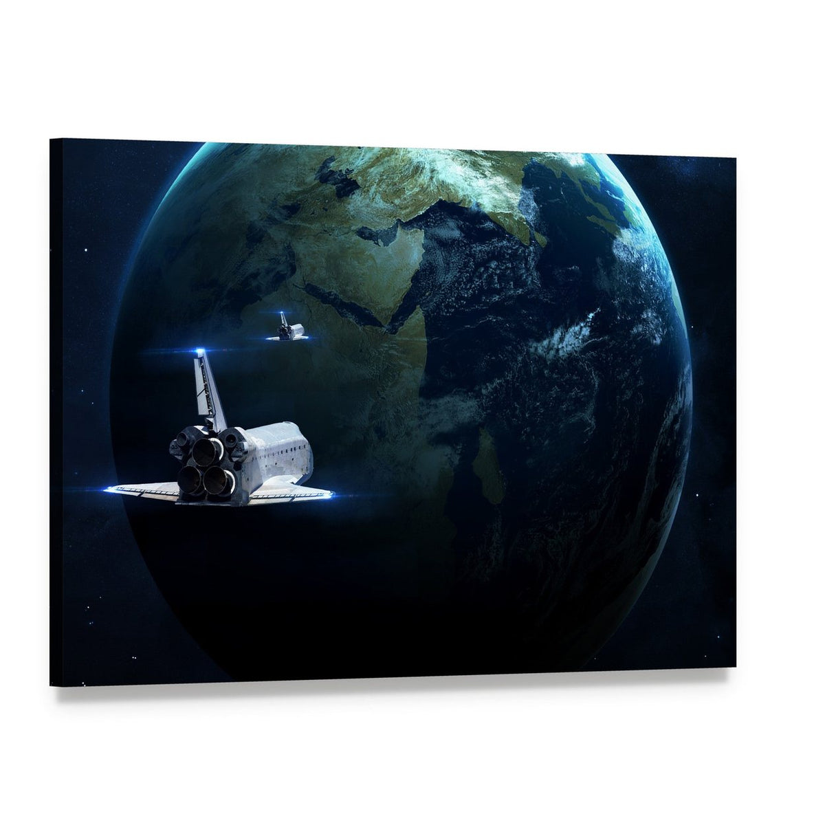 Spaceship Approaching Earth Canvas Wall Art, single panel gallery wrapped canvas, angled product view