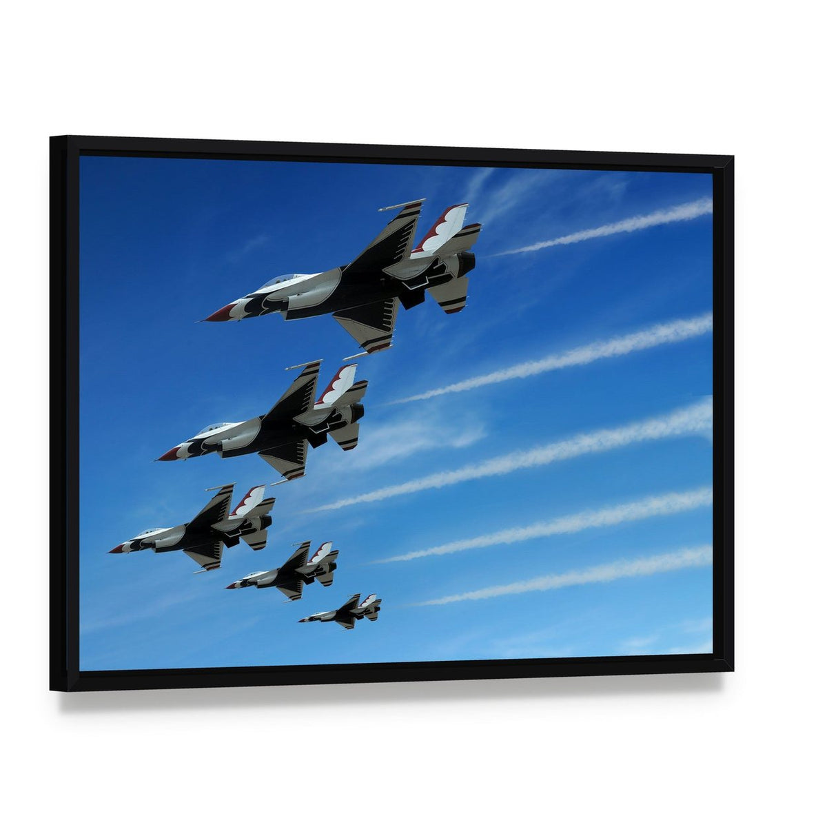 Five Fighter Jets in Formation Canvas Wall Art, framed canvas in a black floater frame, angled product view