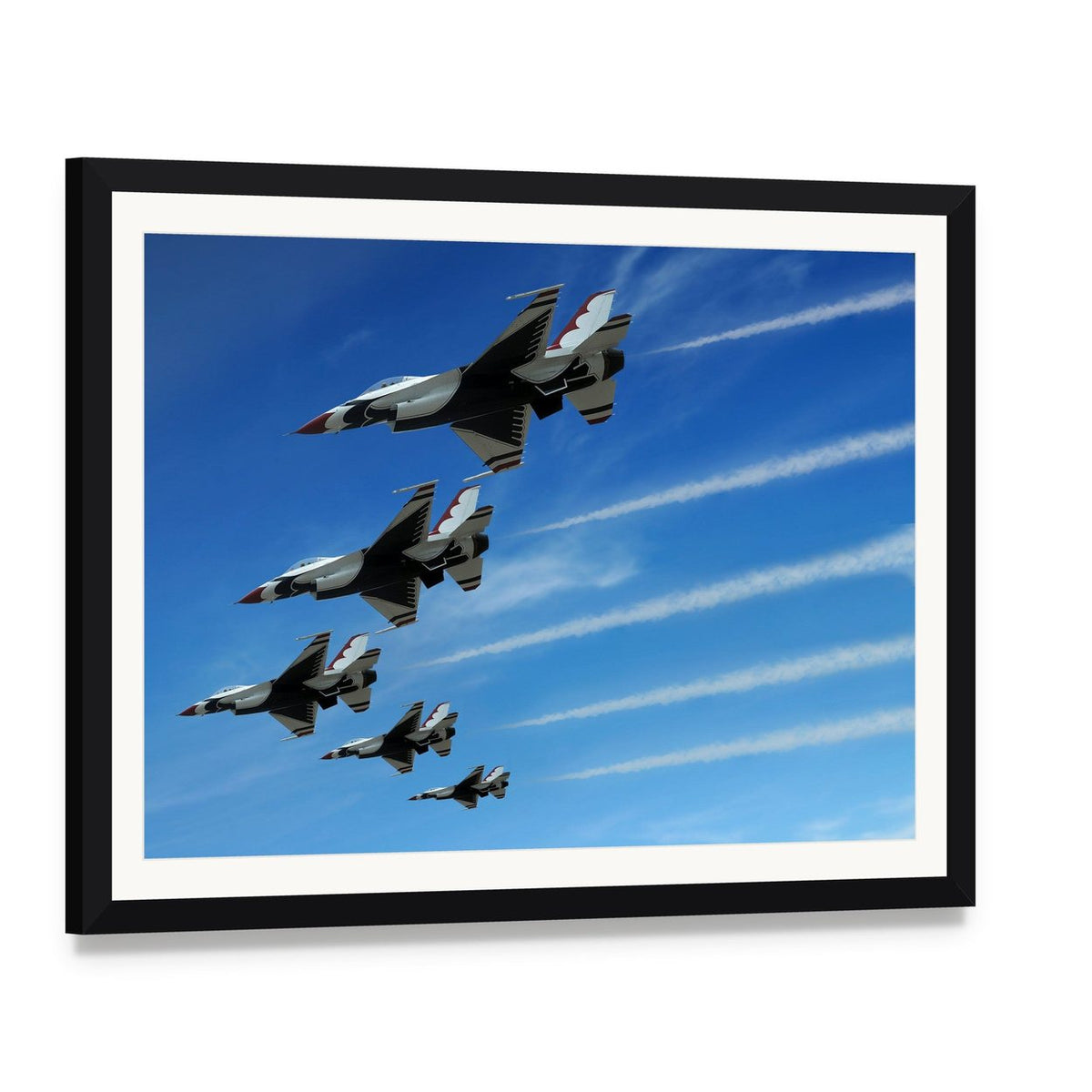 Five Fighter Jets in Formation Canvas Wall Art, framed print with white mat and black frame, angled product view