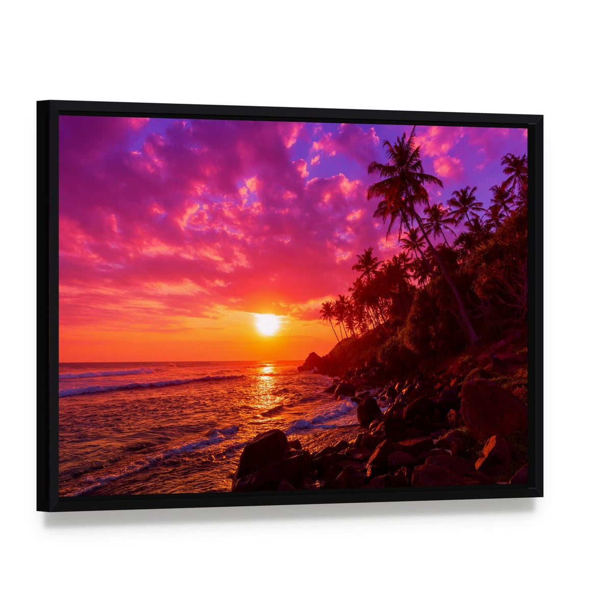 Tropical Sunset with Palm Trees Canvas Wall Art, framed canvas in a black floater frame, angled product view