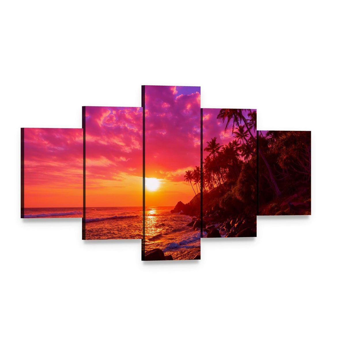 Tropical Sunset with Palm Trees Canvas Wall Art, 5 panel 5 Star layout gallery wrapped canvas set, angled product view