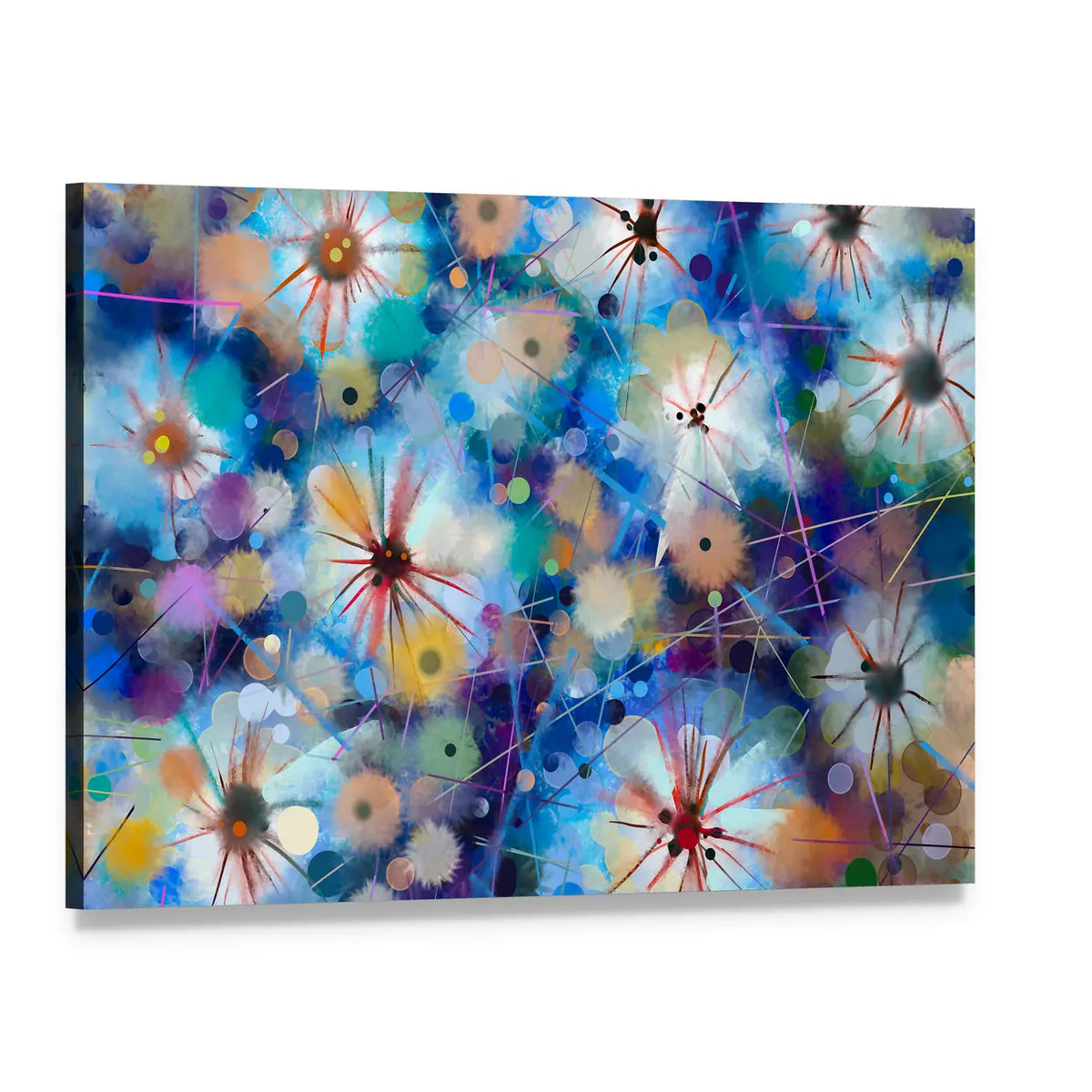 Abstract Watercolor Floral with Starburst Motifs Canvas Wall Art, single panel gallery wrapped canvas, angled product view