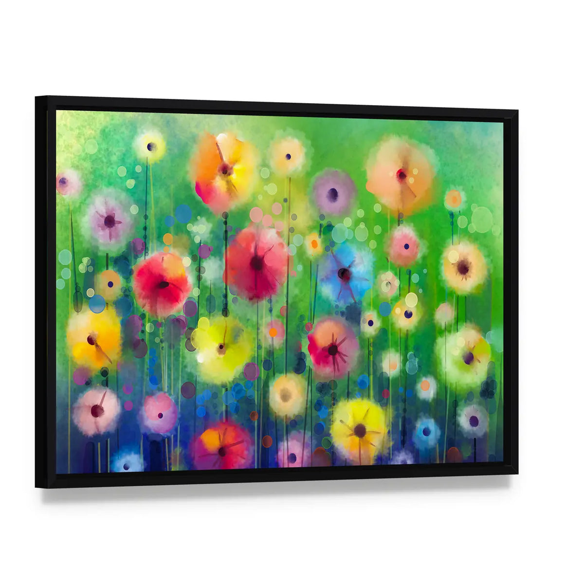Spring Wildflower Illustration Canvas Wall Art, framed canvas in a black floater frame, angled product view