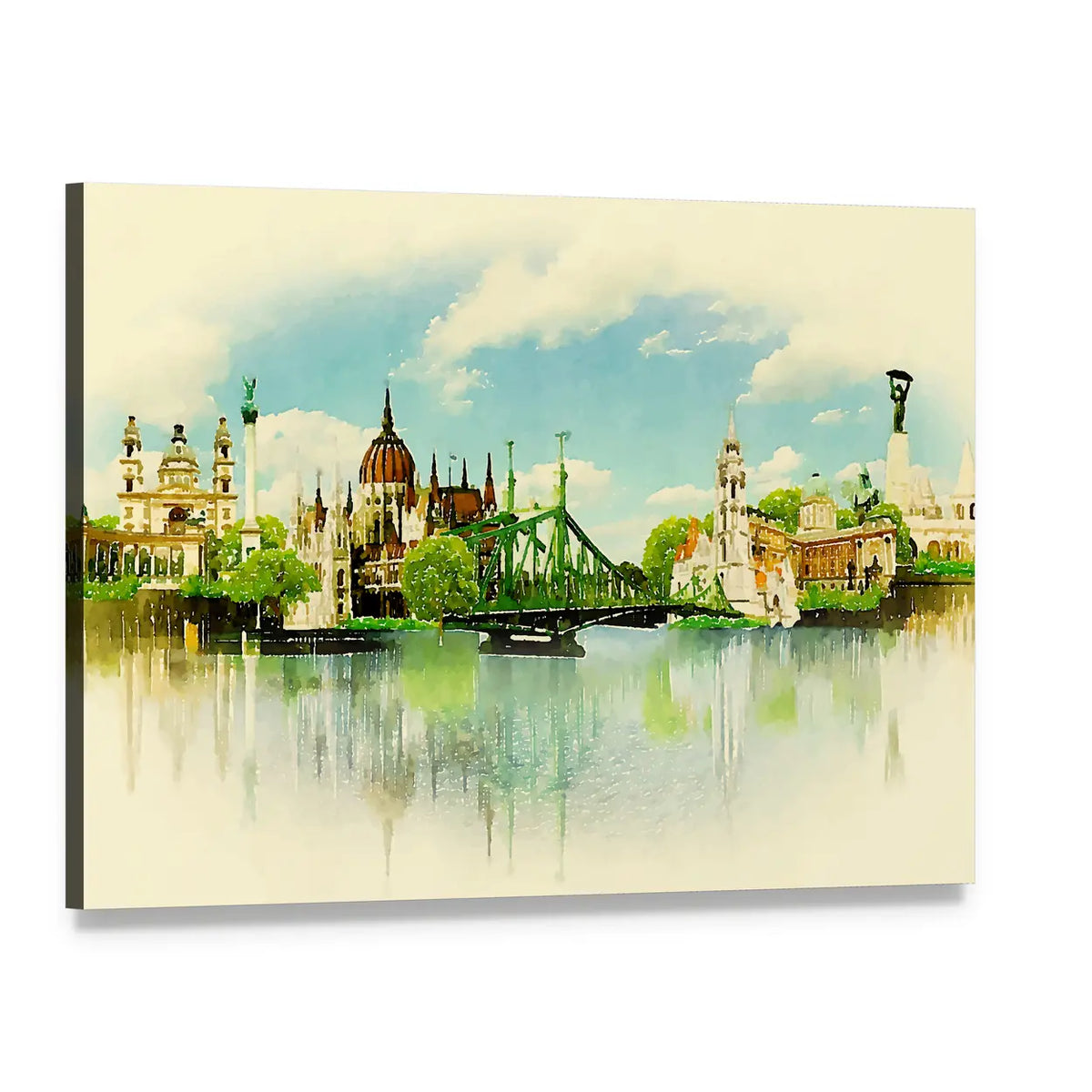 Budapest Riverfront Watercolor with Parliament and Liberty Bridge Canvas Wall Art, single panel gallery wrapped canvas, angled product view