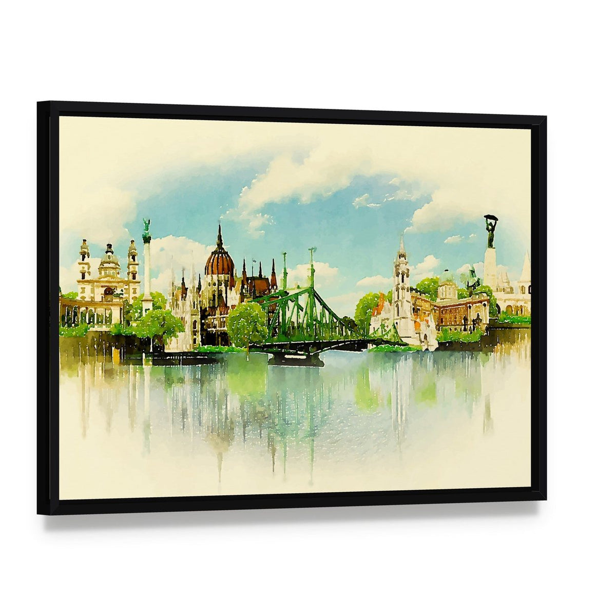 Watercolor Illustration Budapest View Canvas Wall Art, framed canvas in a black floater frame, angled product view