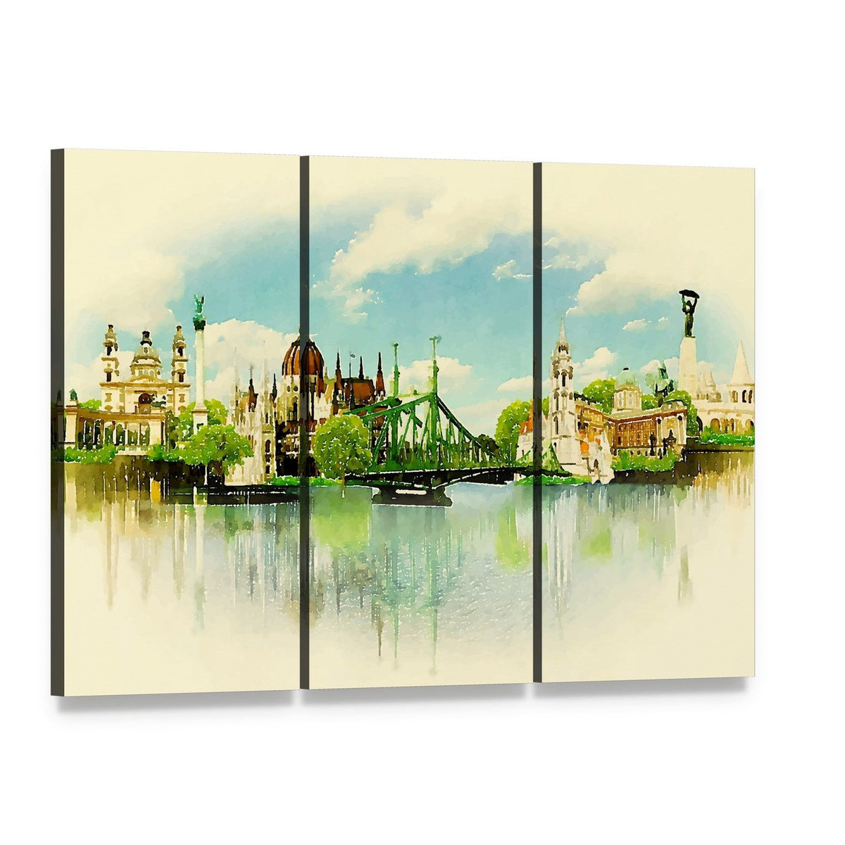 Watercolor Illustration Budapest View Canvas Wall Art, 3 panel 3 Horizontal layout gallery wrapped canvas set, angled product view