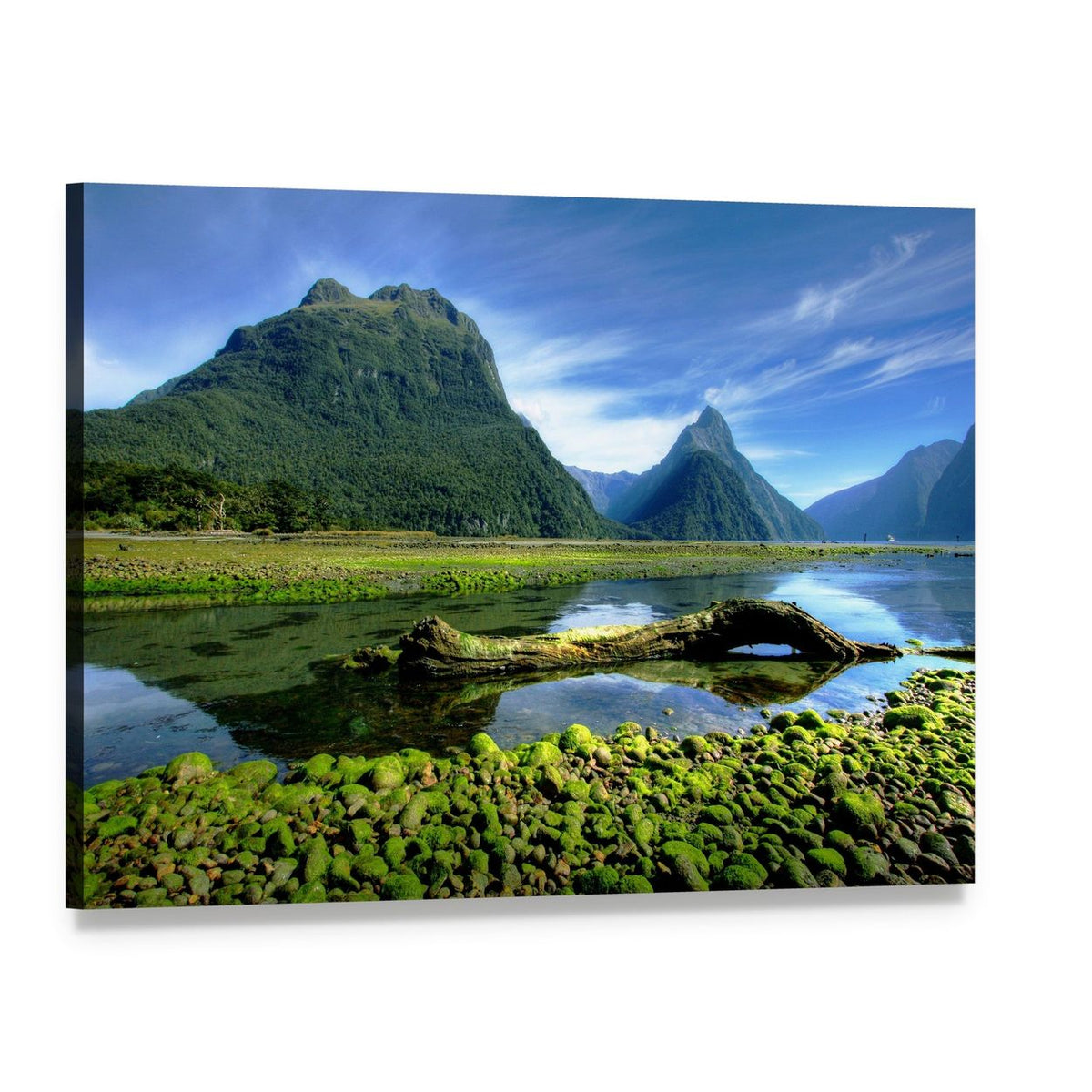 Mitre Peak New Zealand Lake Scene Canvas Wall Art, single panel gallery wrapped canvas, angled product view