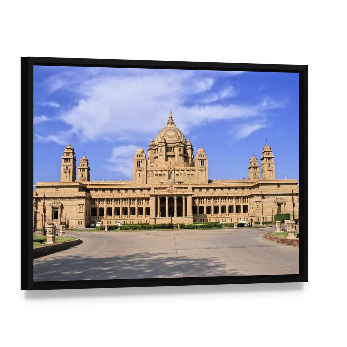 Umaid Bhawan Palace, Jodhpur Canvas Wall Art, framed canvas in a black floater frame, angled product view