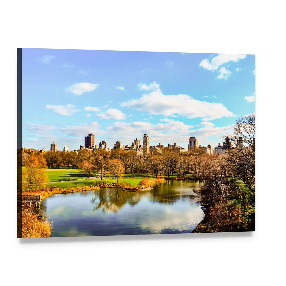 Central Park Autumn Reflection Canvas Wall Art, single panel gallery wrapped canvas, angled product view