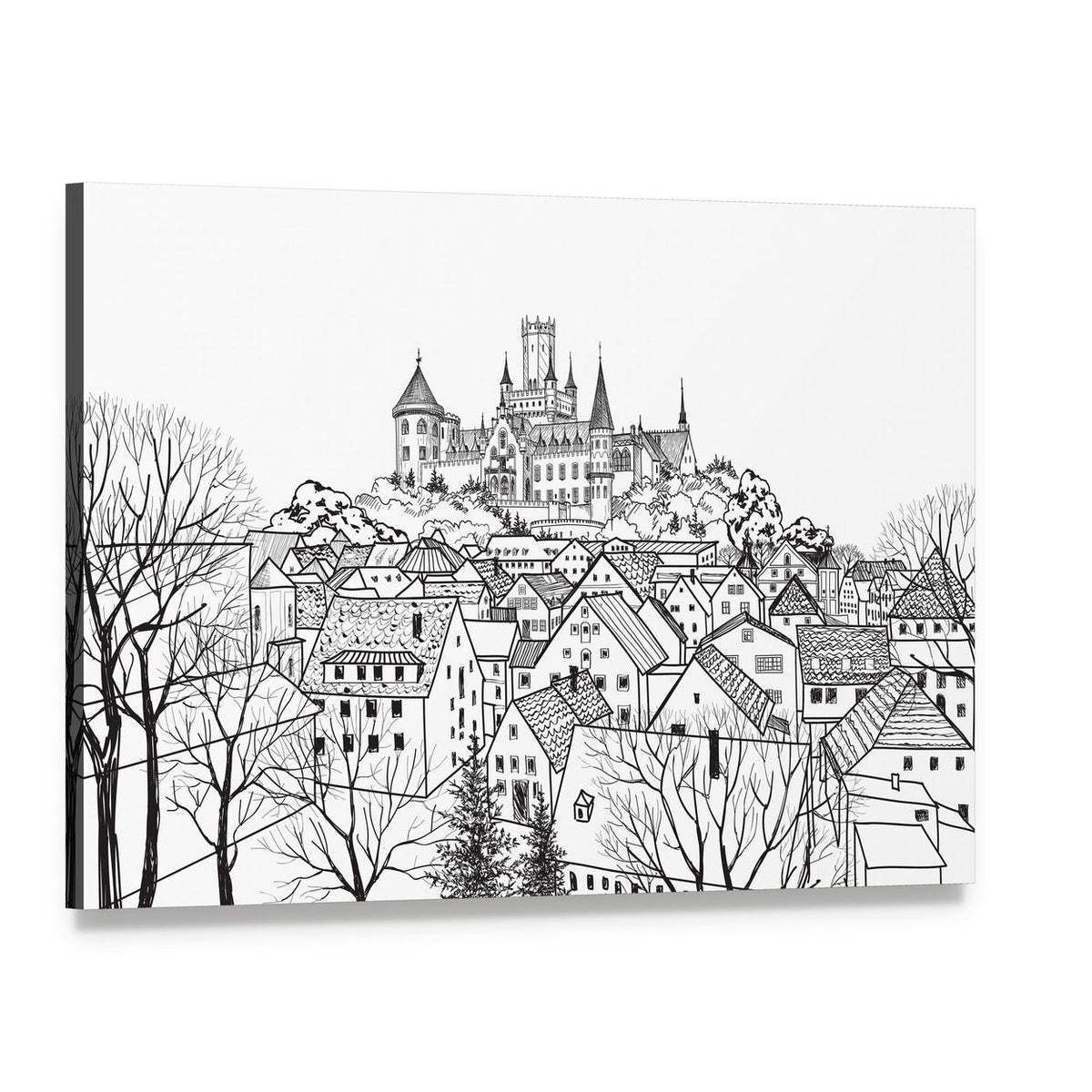 Hilltop Castle and Town Sketch Canvas Wall Art, single panel gallery wrapped canvas, angled product view