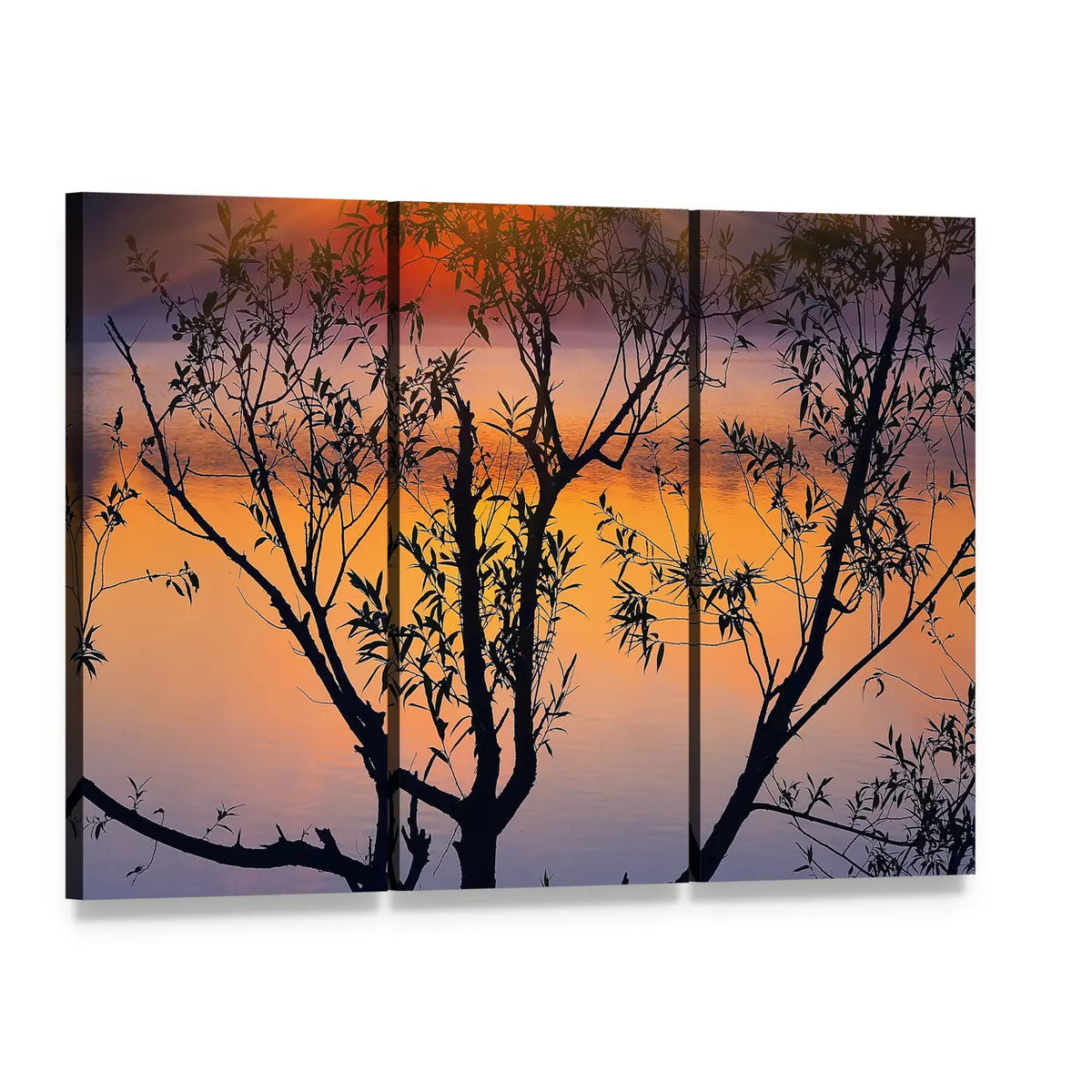 Tree Silhouette at Sunrise Canvas Wall Art, 3 panel 3 Horizontal layout gallery wrapped canvas set, angled product view