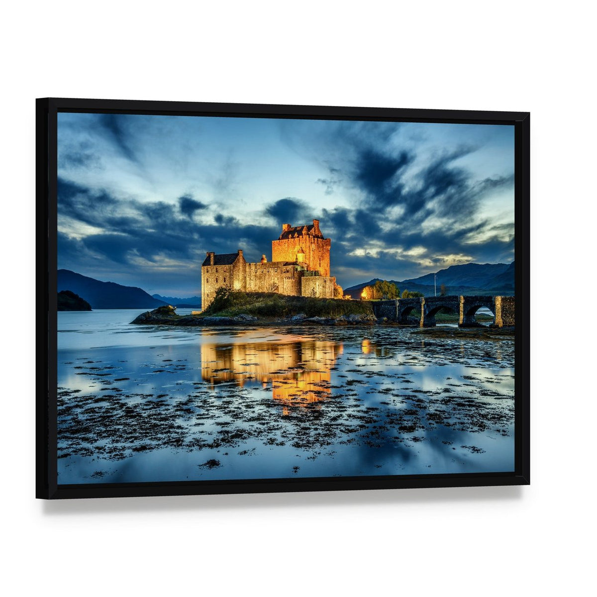 Eilean Donan Castle Sunset Reflection Canvas Wall Art, framed canvas in a black floater frame, angled product view