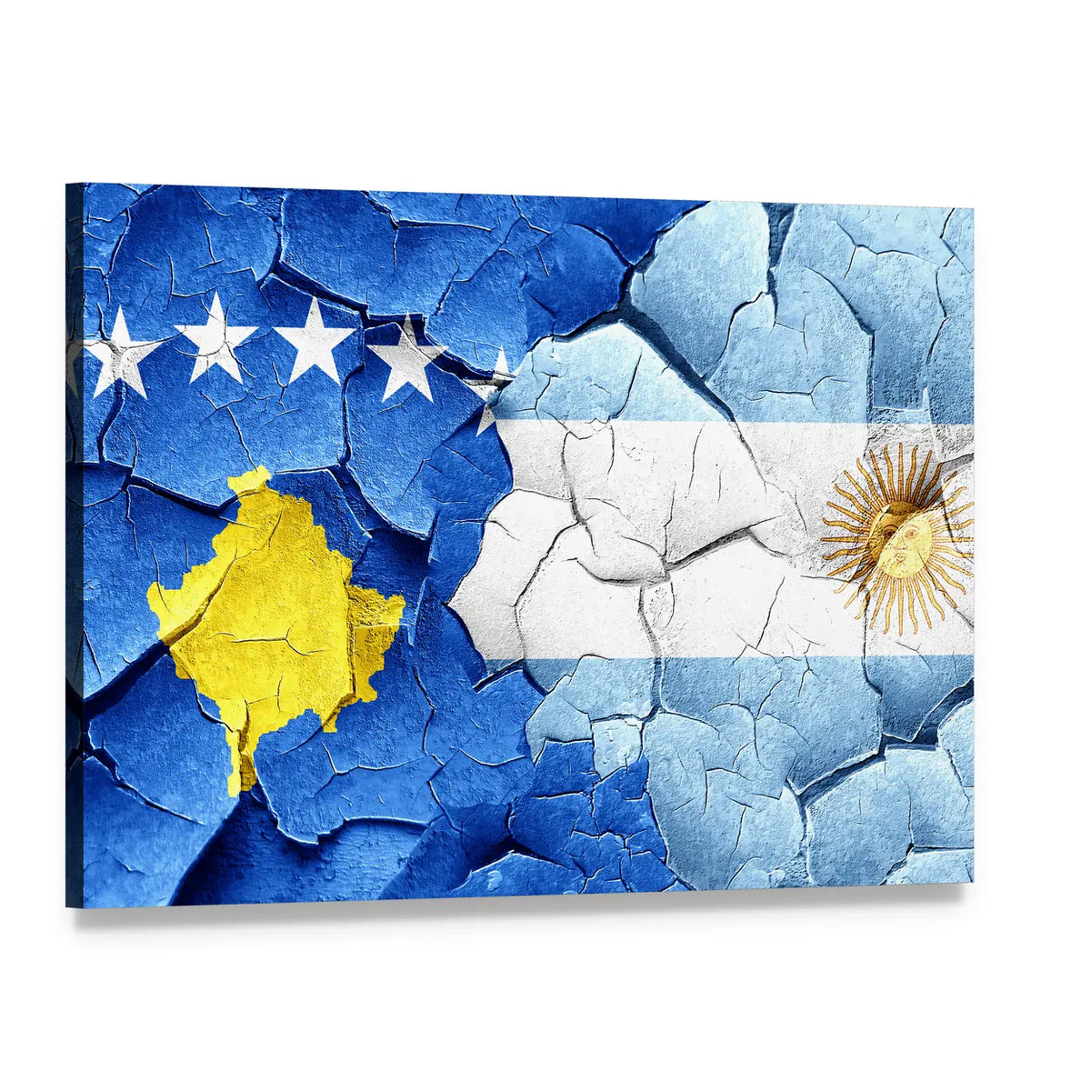 Kosovo and Argentina Flags in Weathered Texture Canvas Wall Art, single panel gallery wrapped canvas, angled product view