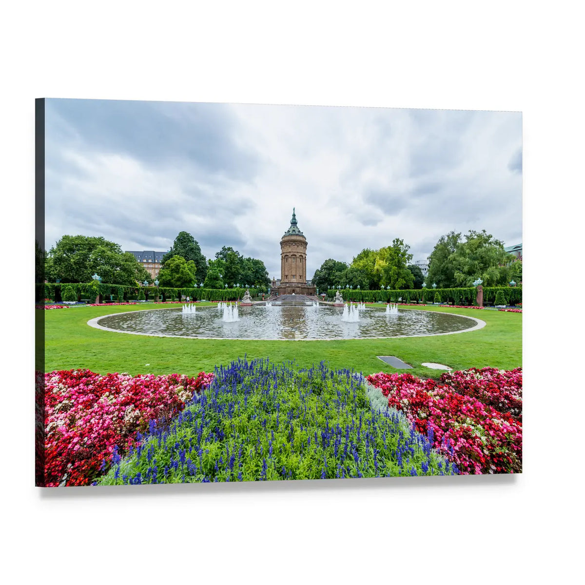 Mannheim Water Tower with Spring Flower Beds Canvas Wall Art, single panel gallery wrapped canvas, angled product view