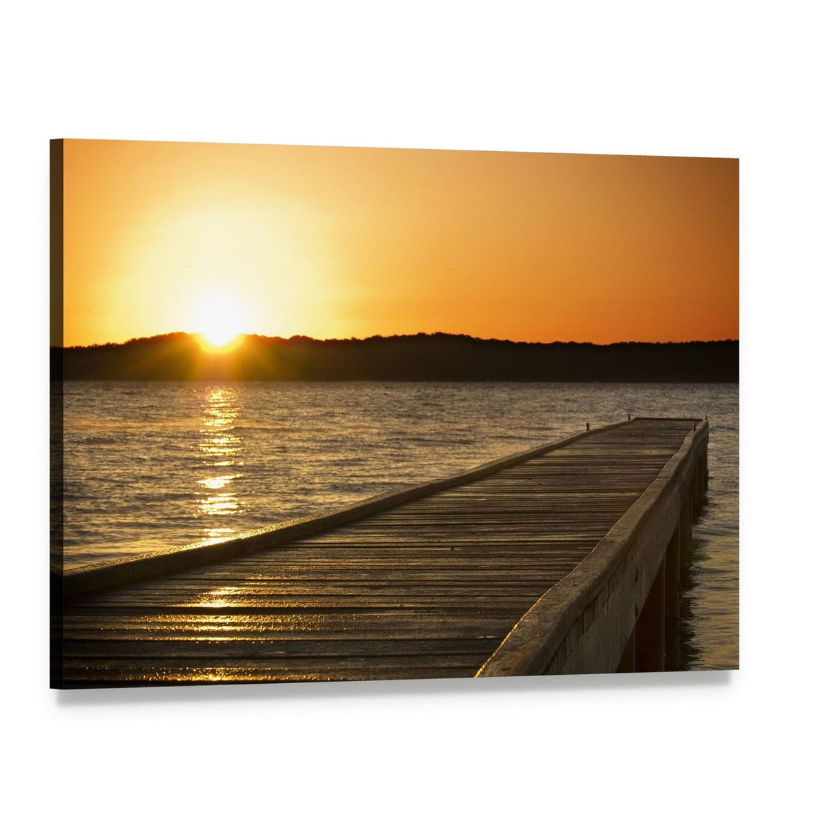 Small Jetty Sticks Out Onto the Lake at Sunrise Canvas Wall Art, single panel gallery wrapped canvas, angled product view
