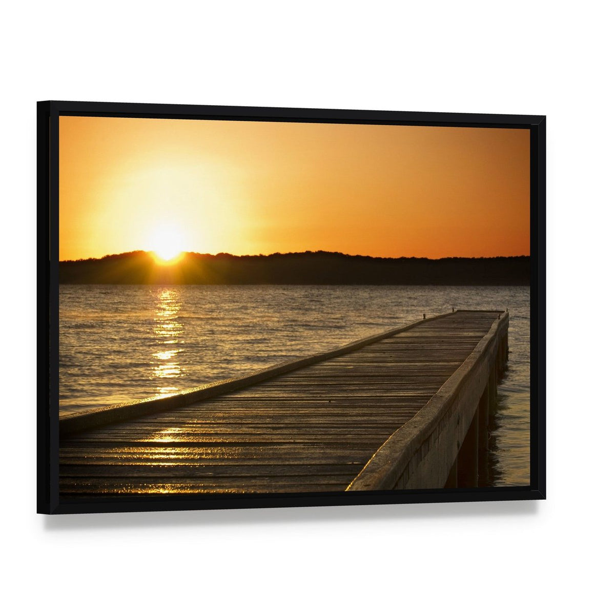 Small Jetty Sticks Out Onto the Lake at Sunrise Canvas Wall Art, framed canvas in a black floater frame, angled product view