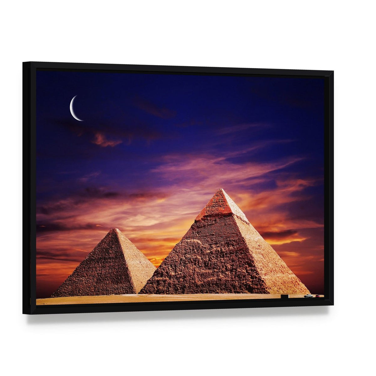 Pyramids at Sunset Canvas Wall Art, framed canvas in a black floater frame, angled product view